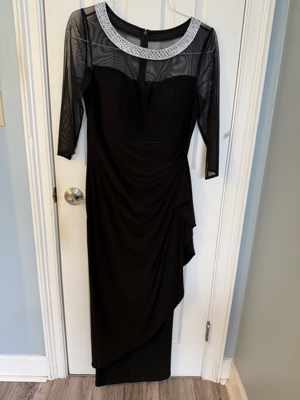 Alex Evenings Black Long-Sleeve Mesh Evening Dress with Beaded Collar